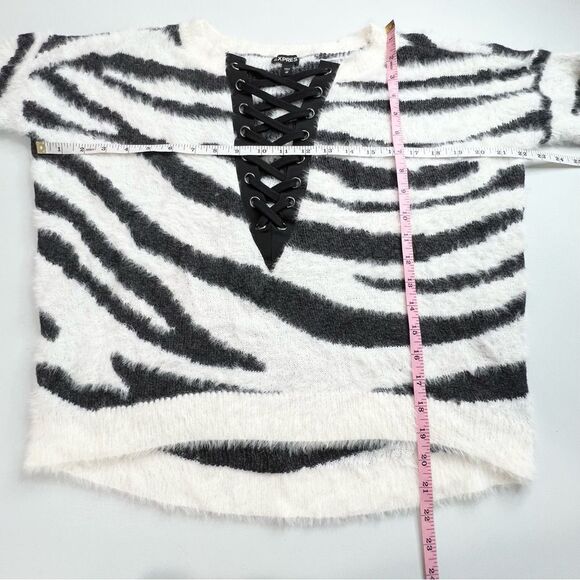 Y2K Express Fuzzy Zebra Animal Print Lace Up Sweater XS - Picture 6 of 11